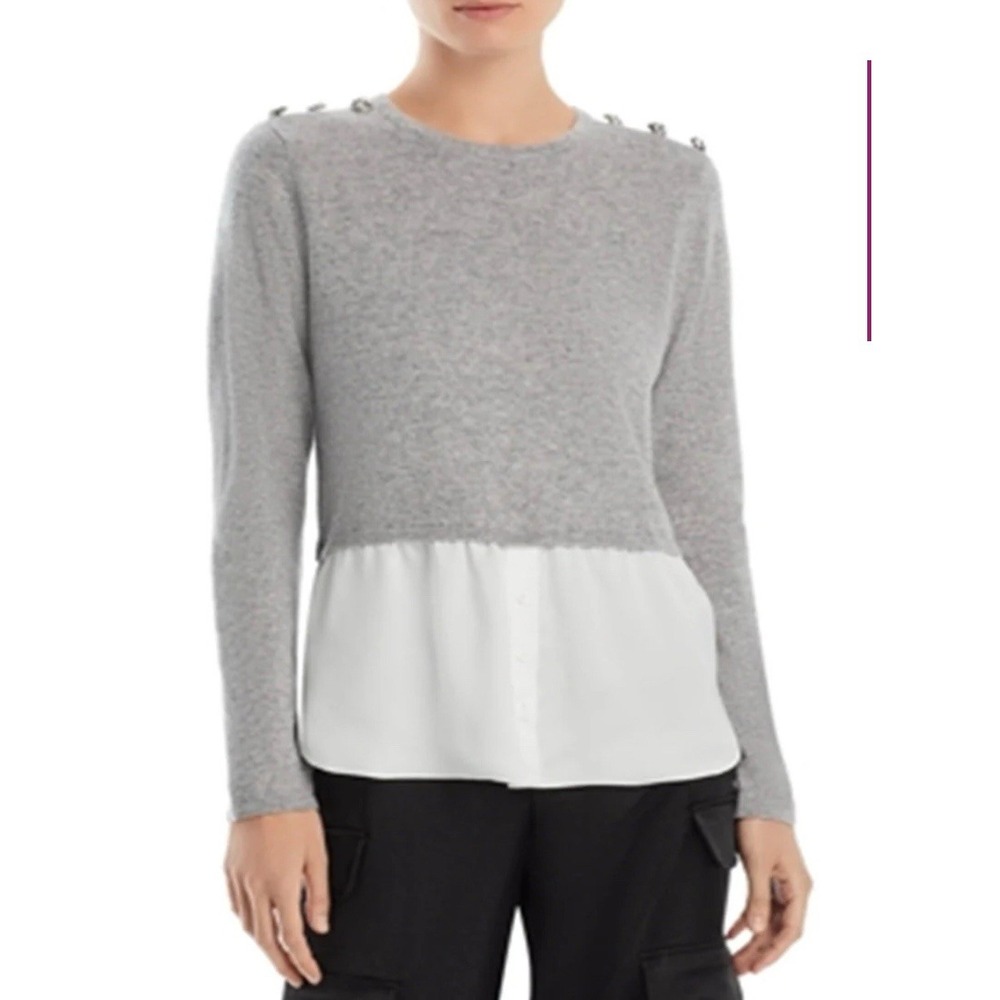 Aqua Cashmere Shirttail Hem Layered Look Cashmere Sweater Size XS Flannel Gray‎